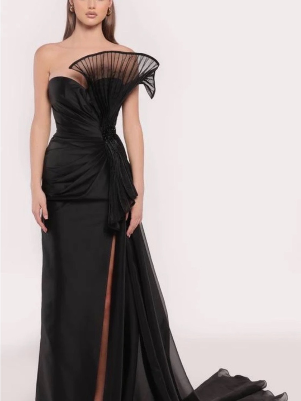 Tarik Ediz Strapless Black Evening Gown with Sculpted Organza Detail